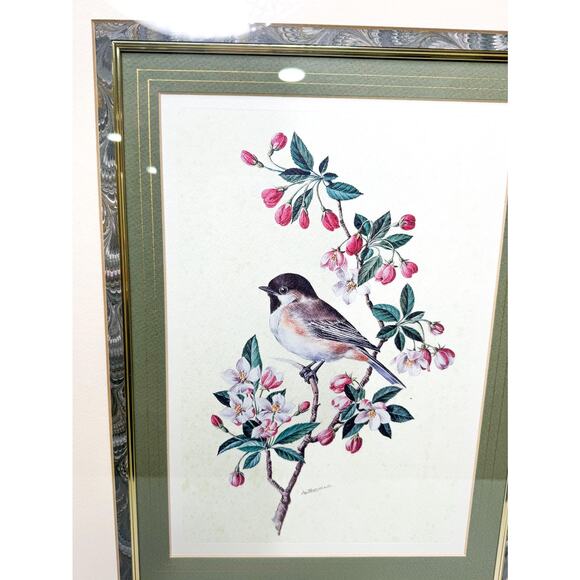 Beautiful Vintage Gold Framed Chickadee Lithograph Signed , Vintage Bird Print - Picture 2 of 9